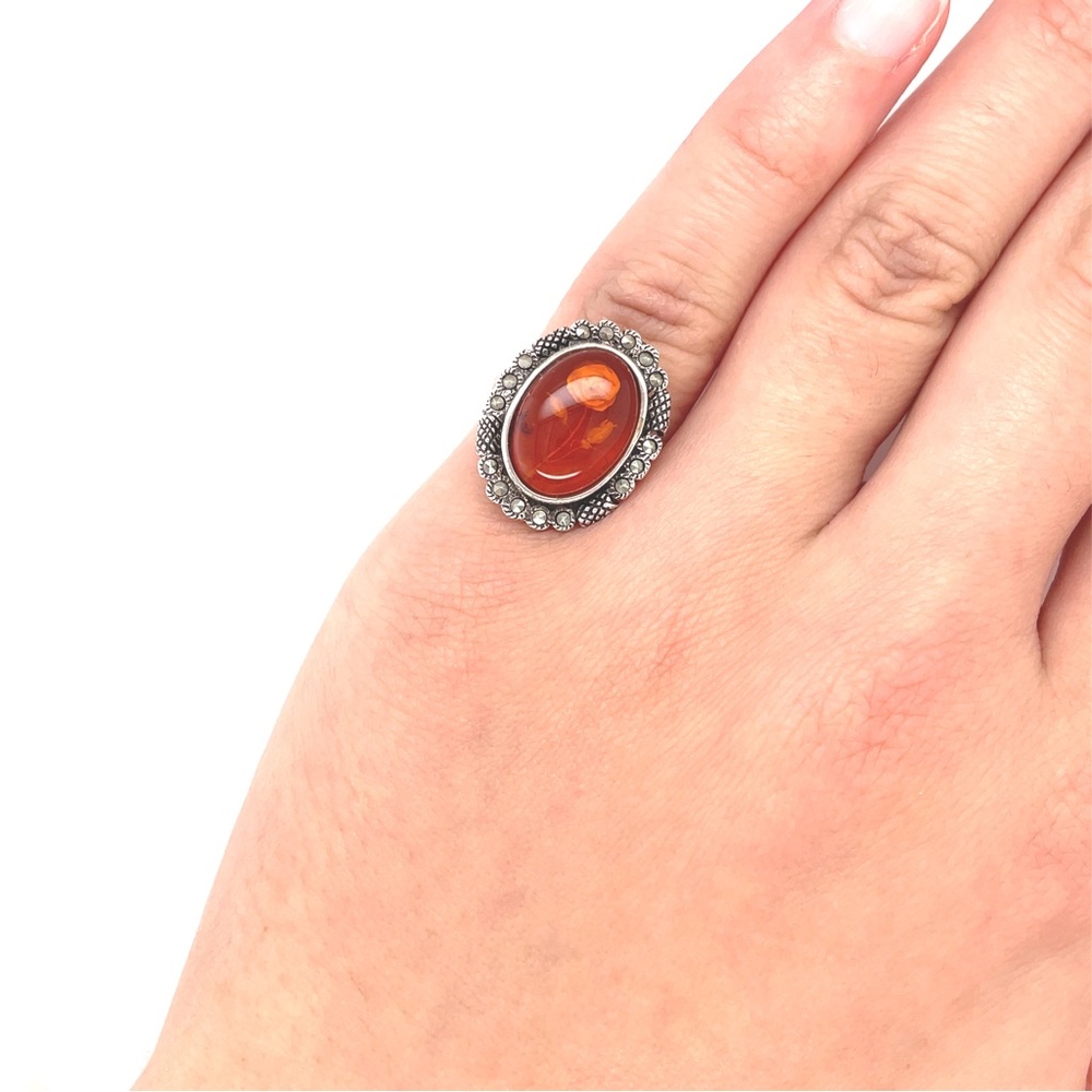 Gorgeous Sterling Silver Marcasite Amber Atone With Flower Ring Size 5.5